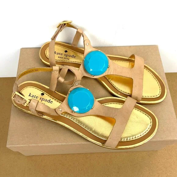 Kate Spade New York T-Strap Flat Sandals Blue Stone Embellishment Sz 8M - Picture 1 of 16